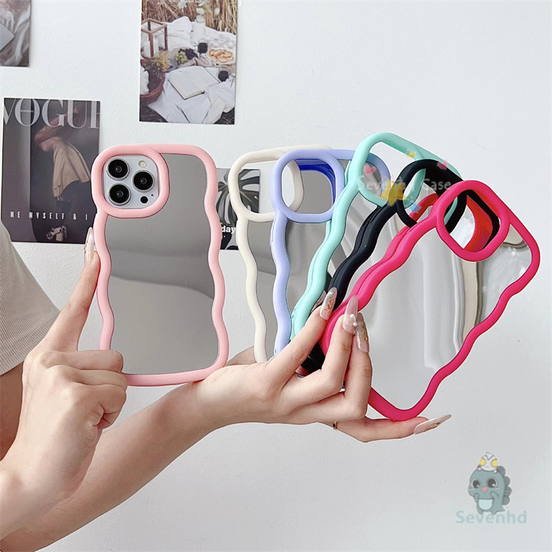 ใช้งานร่วมกับสําหรับiphone 11 15 14 13 12 Pro Max X Xs Max 8 7 Plus SE 2020 Wavy Edgeกระจกเคสโทรศัพท์Ins Macaroneน่ารักกันกระแทกTPU Cover