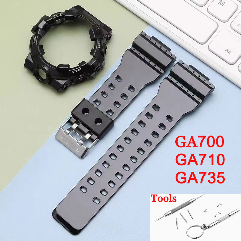 เรซิ่นนาฬิกาสําหรับ Casio G-shock GA700 GA710 GA735 ยางซิลิโคนนาฬิกา Starp Bezel กรอบกีฬากันน้ําสีดํา Wristbelt สร้อยข้อมือเครื่องมือสกรู