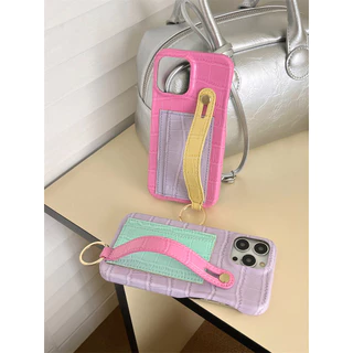 Macaron สี + สายรัดข้อมือ + กระเป๋าการ์ดสําหรับ iPhone 16 15 14 12 13 Pro Max เคส iPhone ป้องกัน anti-drop ฝาหลังกรณี