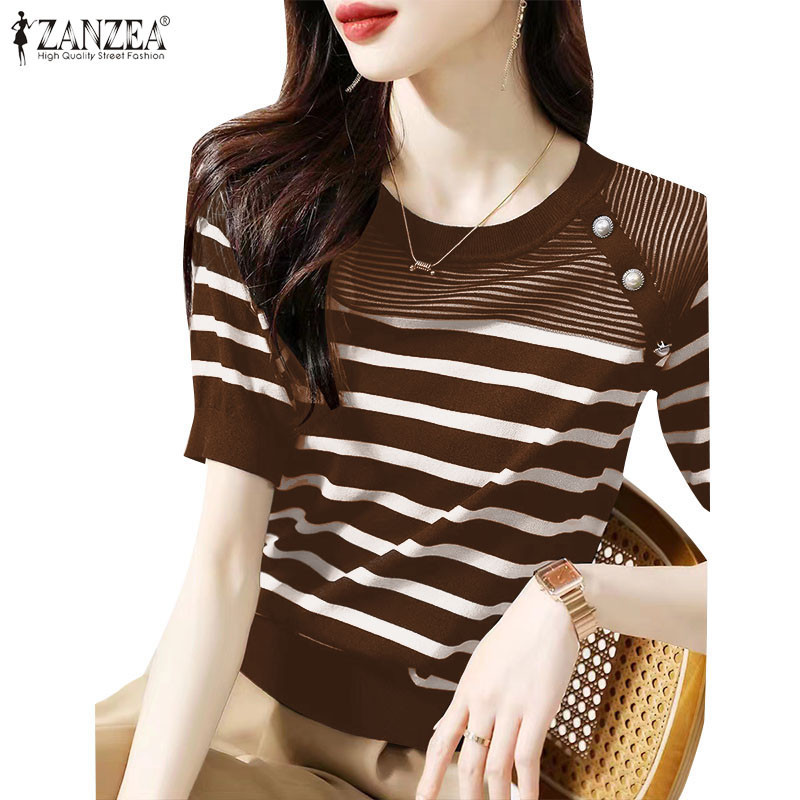 Zanzea เสื้อเบลาส์แขนสั้นลายทางวันหยุดเกาหลีสําหรับผู้หญิง
