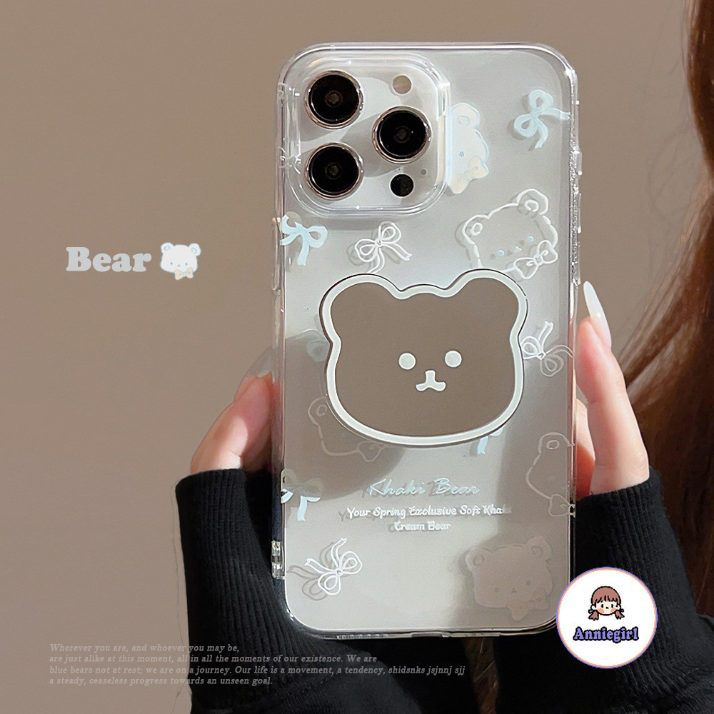 Ins Blue Bow Mirror Bear Holderเคสโทรศัพท์สําหรับIPhone 11 15 14 Pro MAX 12 13 Promax 15plus XS MAX XR 7 8 PlusกันกระแทกSoft TPUปกหลัง