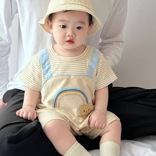 ฤดูร้อนใหม่เสื้อผ้าเด็กชายหญิงบอดี้สูทแขนสั้น 0-24 เดือนทารกบางน่ารักสุดน่ารักหมี ประกบกัน ลาย ชุดรอมเปอร์