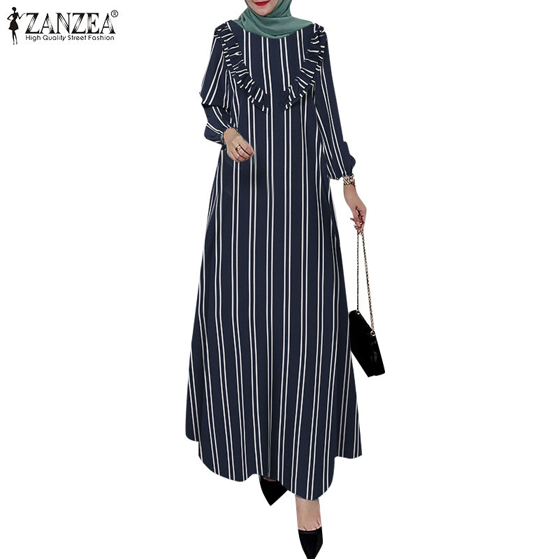 ZANZEA ใส่ ซานเซีย ผู้หญิงมุสลิมลายรอบคอแขนโคมไฟ ข้อมือ ยืดหยุ่นชุดหลวม