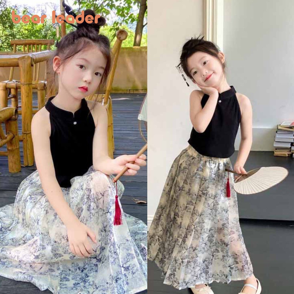 หมีผู้นําใหม่สไตล์จีนสาวชุดฤดูร้อนแขนกุดแขวนคอเสื้อยืด + กระโปรงจีบชุดสองชิ้นหมึกภาพวาดเด็กเสื้อผ้า