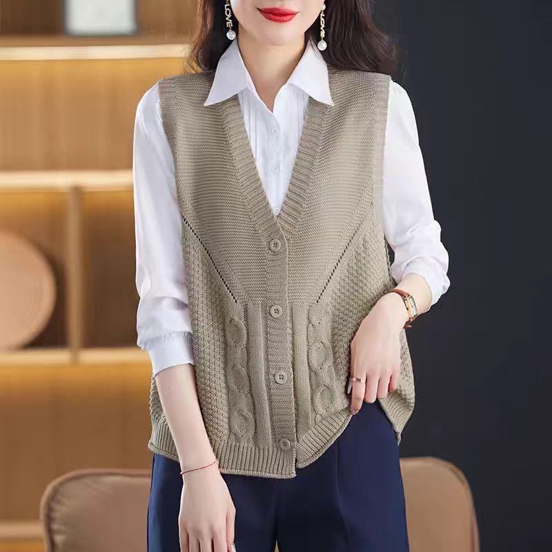 เสื้อกั๊กผู้หญิงใหม่ถักหลวมชั้นแจ๊กเก็ตสีทึบคอวีที่เรียบง่ายเกาหลี
