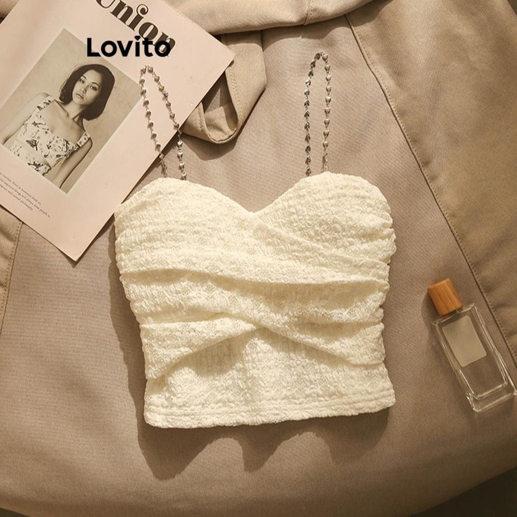 Lovito เสื้อสายเดี่ยวผู้หญิง สายโซ่ แต่งจีบ สีพื้น สไตล์ลำลอง LNE49508
