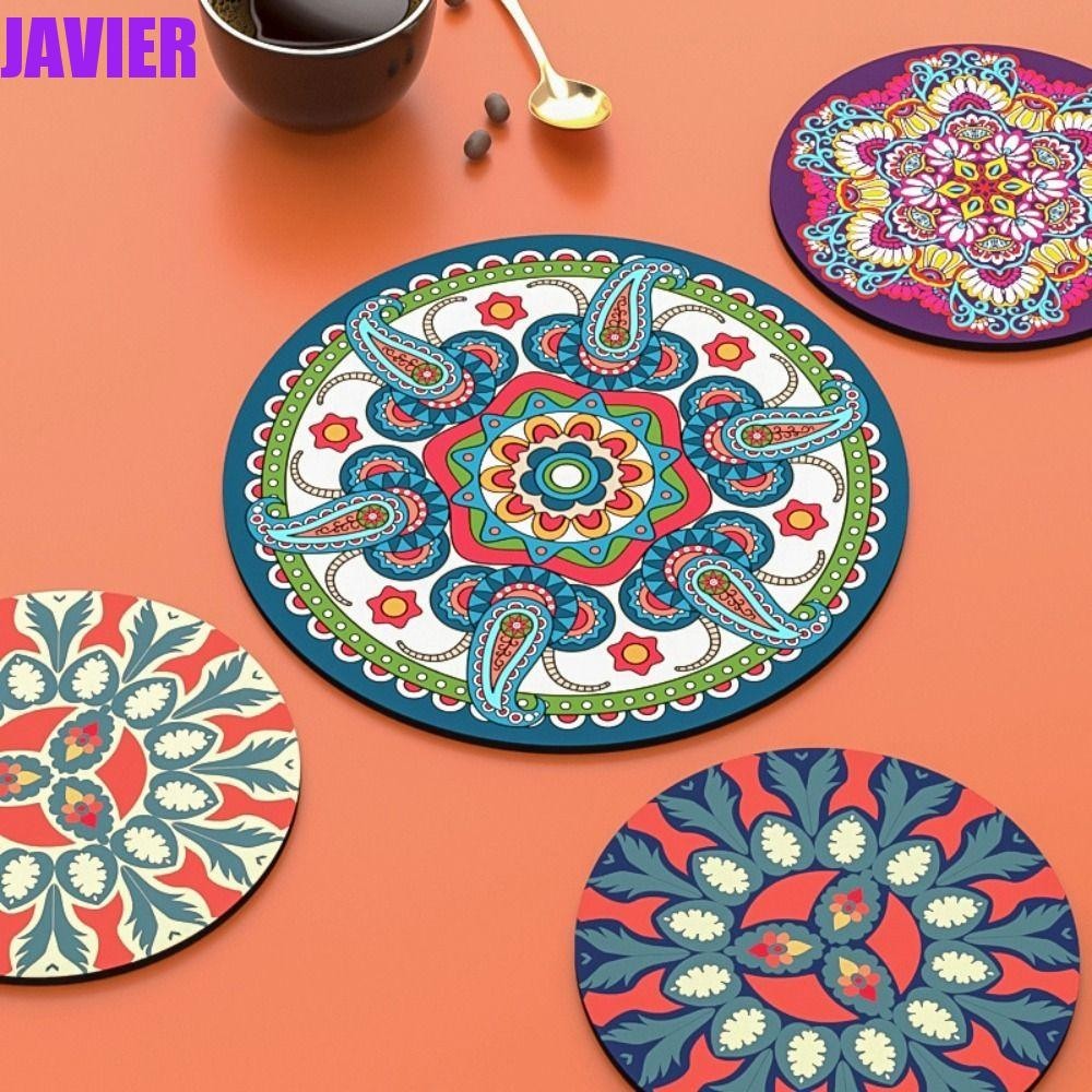 Javier 3 ชิ้น แผ่นรองจาน, ที่รองแก้ว Mandala ทรงกลมกันน้ํา, แผ่นรองแก้ว แผ่นรองแก้วยางสีสันสดใสตกแต่งบ้าน