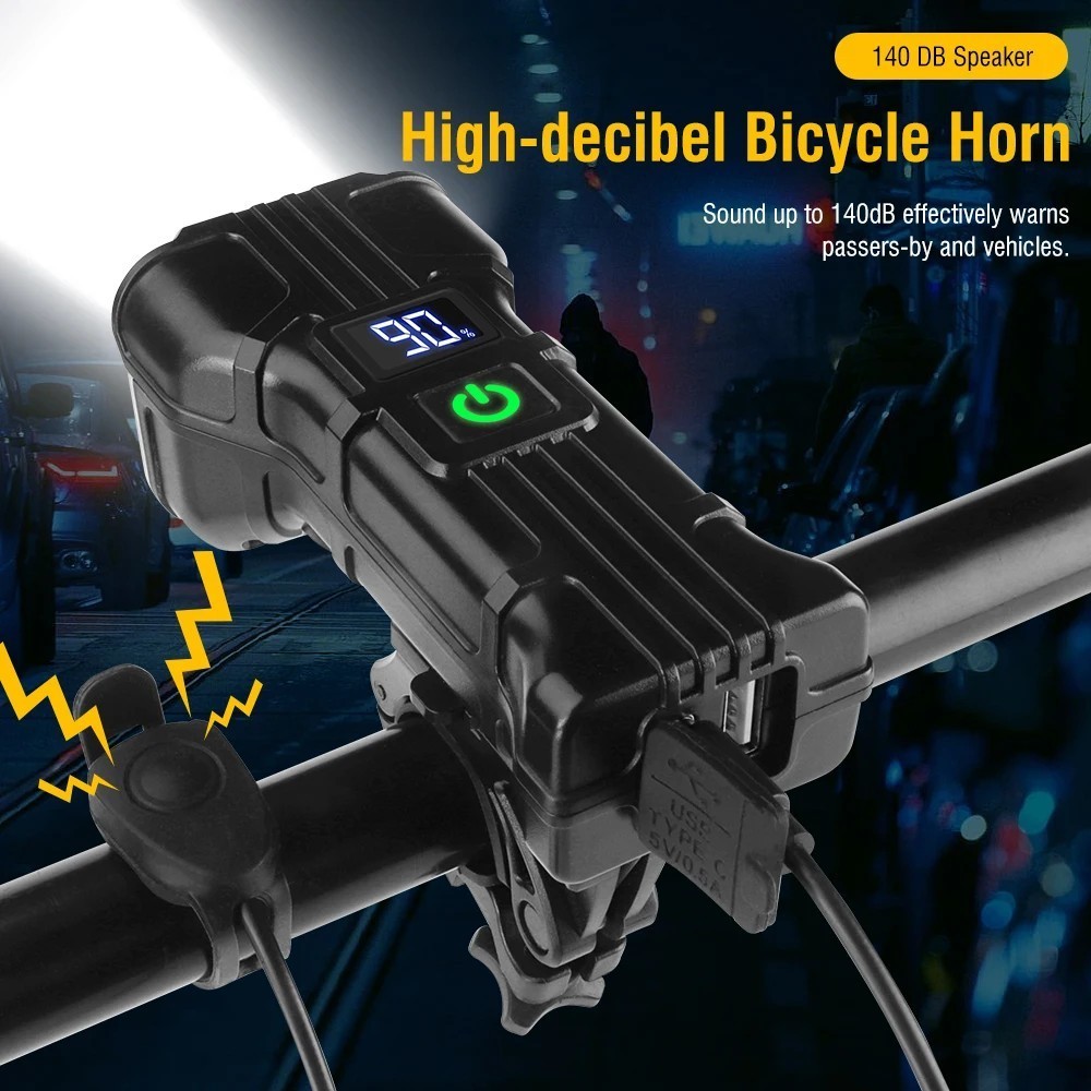 12 LED จักรยานไฟหน้า 5 โหมด USB แบบชาร์จไฟ MTB ไฟฉายถนน 2 ใน 1 ไฟจักรยาน แสงสูง ไฟตอนกลางคืน แสดงสดธนาคารชาร์จไฟแตร