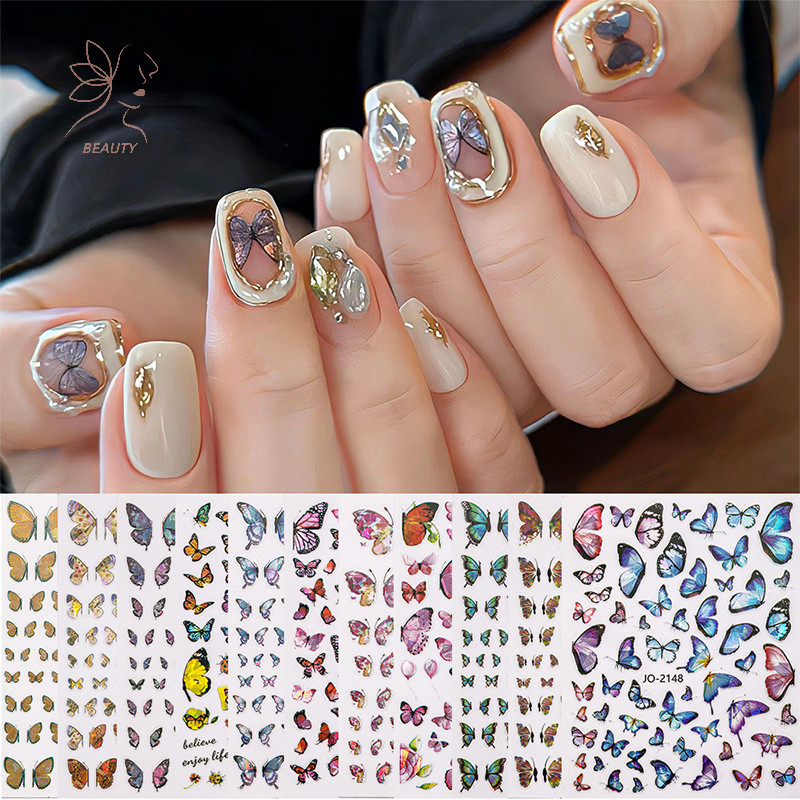 [maybeauty] 3d เลเซอร์ผีเสื้อเล็บสติกเกอร์ศิลปะ Decals Aurora ผีเสื้อน่ารัก Ultra-Thin Self กาว Wraps เด็กตกแต่งเล็บ {TH}