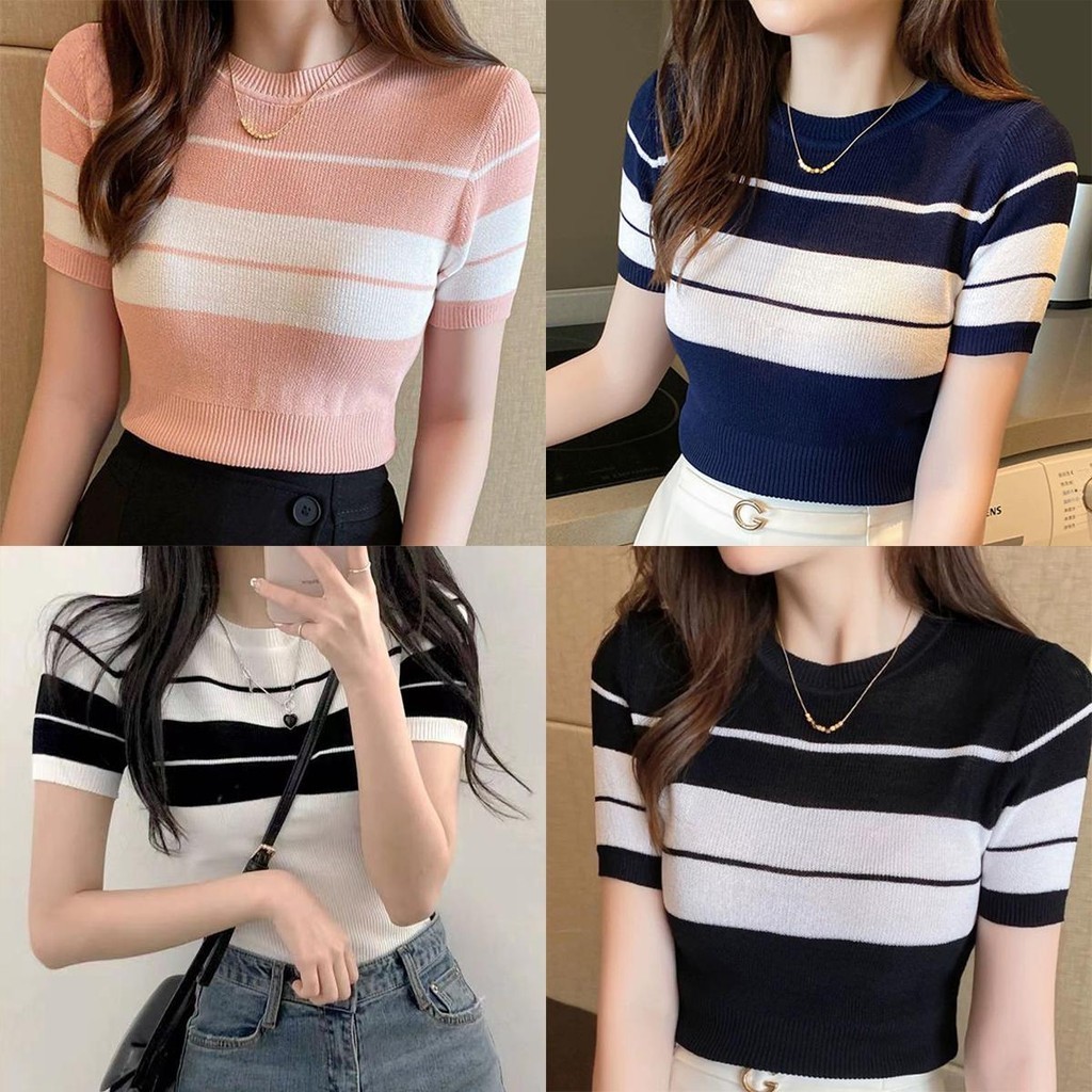 Lune_Graceเสื้อยืดไหมพรมแขนสั้น คอกลมลายทางสุดน่ารัก ผ้ายืดตามตัวผ้านุ่มใส่สบายแนวเกาหลี รุ่น3071