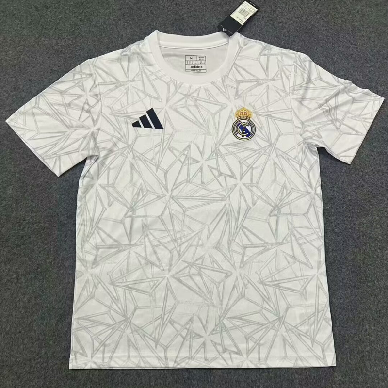 24-25เรอัลมาดริดpre-match Jersey White Jersey S-XXL Mens Short Sleeve Jersey Quick Dry Sports Soccer Top AAA