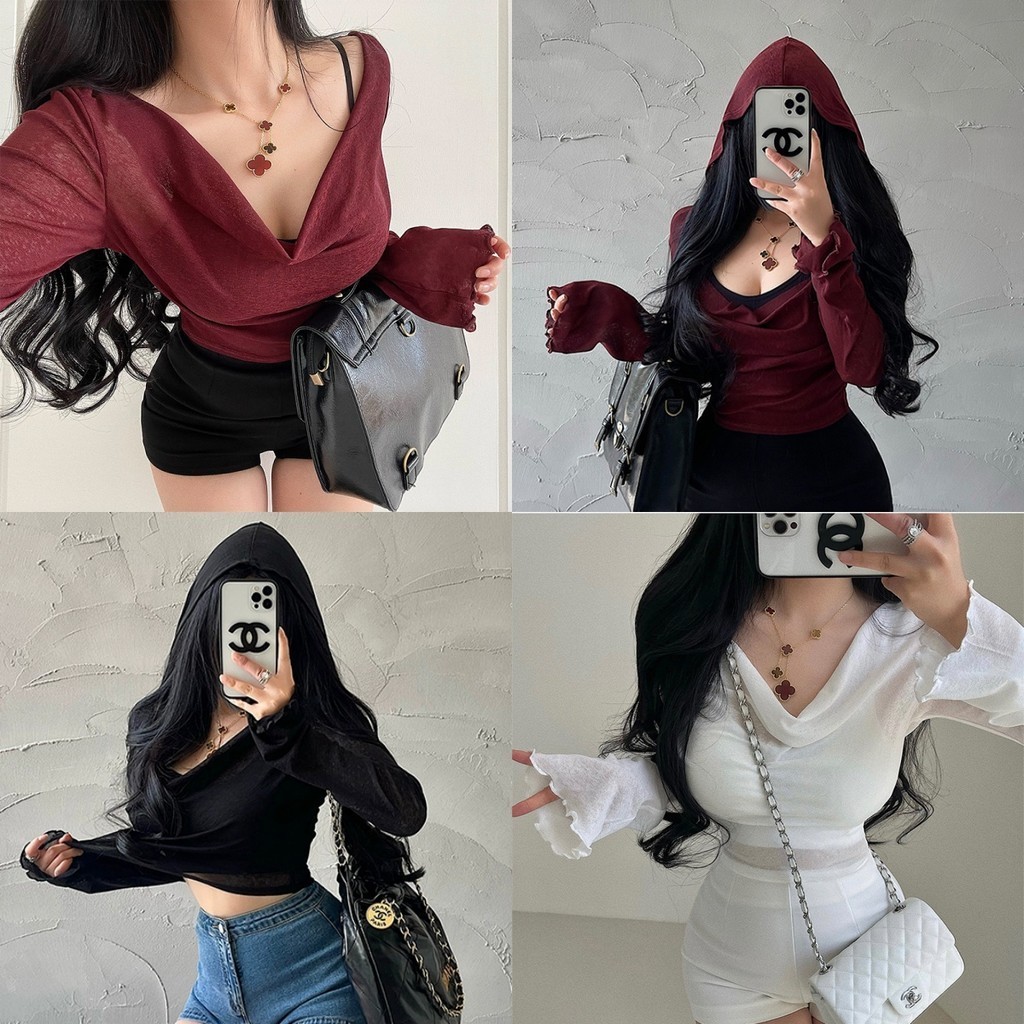 Anne เสื้อกันแดด แขนยาว มีฮูด สีพื้น ผ้าใส่สบาย เสกัน UV แนวสตรีท #V078