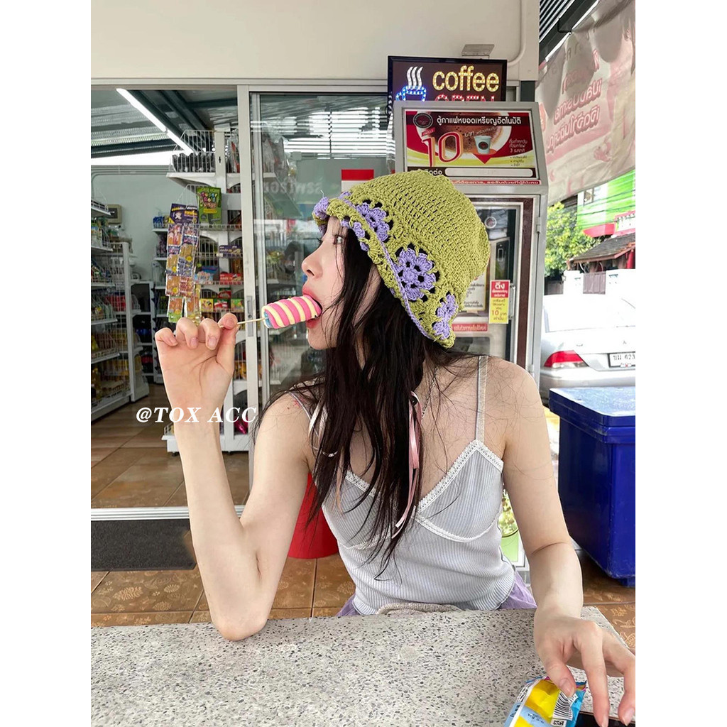 เกาหลี Niche Designer สไตล์ผ้าลินินด้ายฝ้ายสด Hand-Knitted Bucket Hat Hollow ถัก