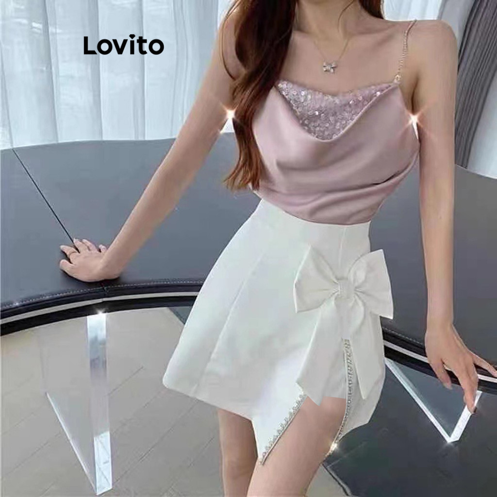 Lovito กระโปรงผู้หญิง แต่งโบว์ สีพื้น สไตล์ลำลอง LNA57042
