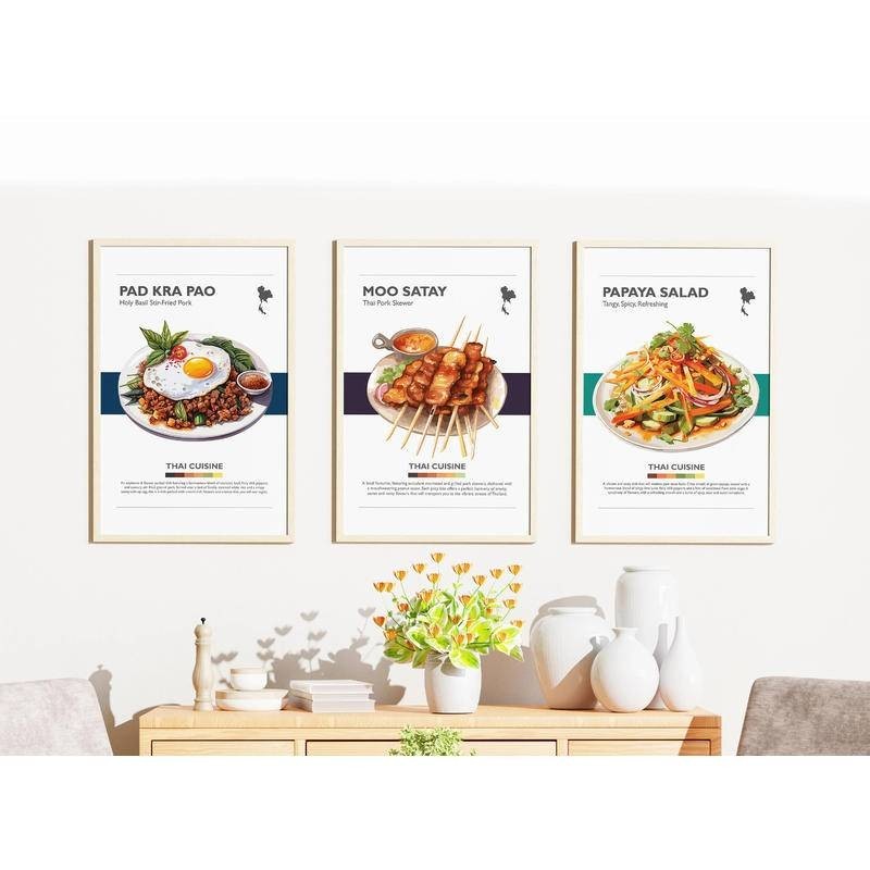 Thai food Poster Thailand canvas Prints Pad Kra Pao, Moo Satay, Papaya Salad Wall Art decor