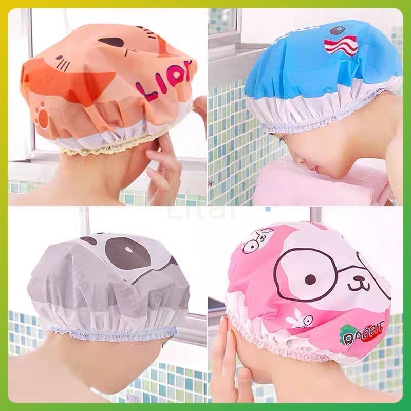 litai หมวกคลุมผมอาบน้ํา หมวกผมลายการ์ตูน พลาสติก กันน้ำ แบบหนา
