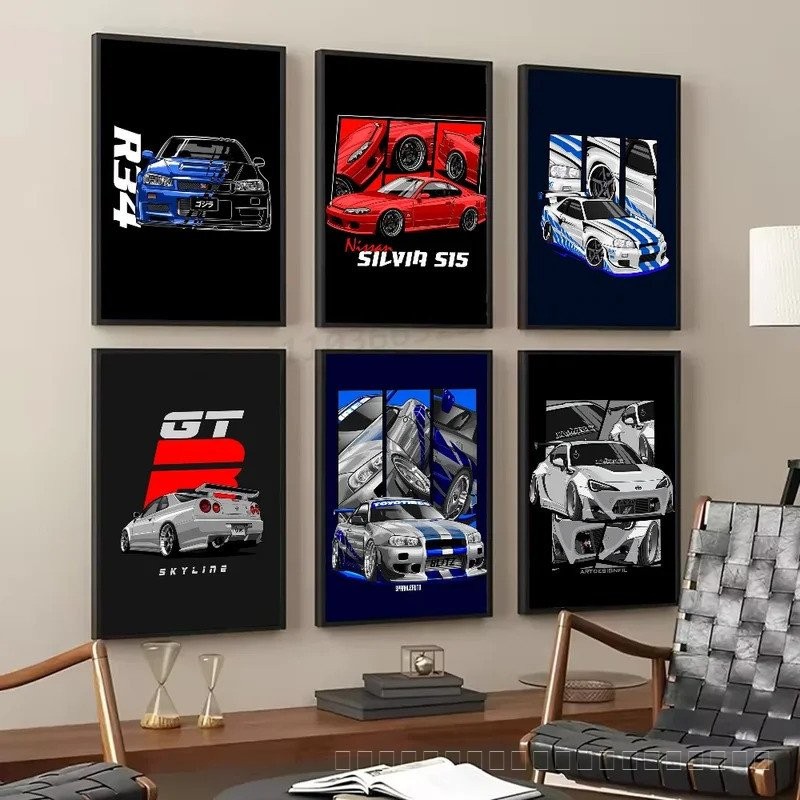 1 ชิ้น โปสเตอร์รถสปอร์ต Fast And Furious GTR Racing Car แบบติดเอง กระดาษสติกเกอร์กันน้ำ ตกแต่งผนัง