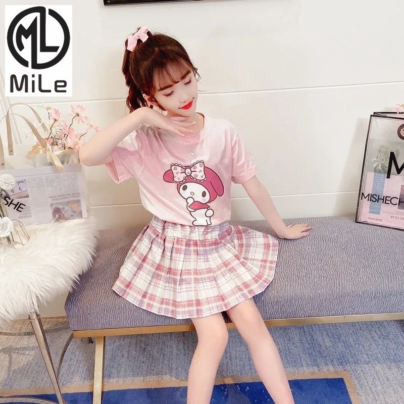 [มล] 110-170ซม.สาวใหญ่ชุดฤดูร้อนสไตล์กระโหลกสูทกระโปรงนักเรียนชั้นประถมศึกษาสาวรอบคอเสื้อยืดกระโปรงลายสก๊อตการ์ตูนชุดสองชิ้นอินเทรนด