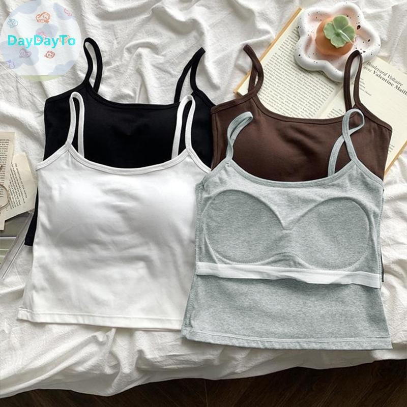 Daydayto สปาเก็ตตี้สีทึบผู้หญิงเกาหลีสายรัดแขนกุด Slim Camisole พร้อมแผ่นรองหน้าอก TH