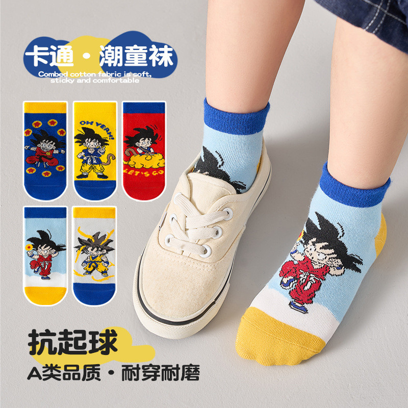 ((5คู่) ถุงเท้าเด็กชายฤดูใบไม้ผลิสไตล์ฤดูร้อนอินเทรนด์เย็นดราก้อนบอลถุงเท้าสั้นน่ารักการ์ตูนโกคูถุงเ