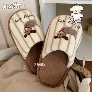 ฉี่เตียว สบายๆน่ารักลูกสุนัขคมชัดสีลายคู่รองเท้าแตะผ้าฝ้ายห้…