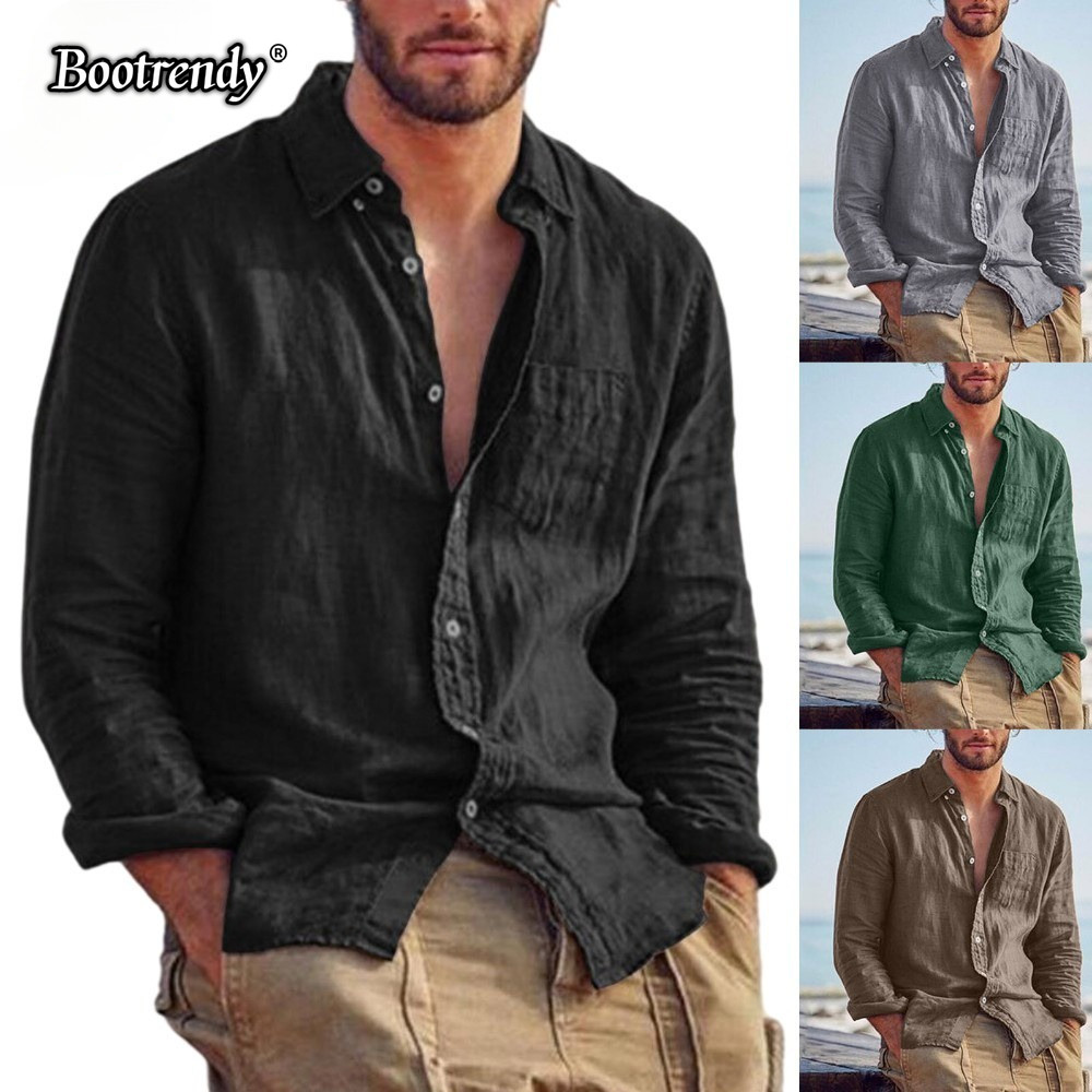 ผู้ชายผ้าฝ้ายผ้าลินินเสื้อลําลองแขนยาวปุ่มลงฤดูร้อนผู้ชาย Kemeja Kasual ธรรมดา Baju หลวมผู้ชาย Tshirt Tops