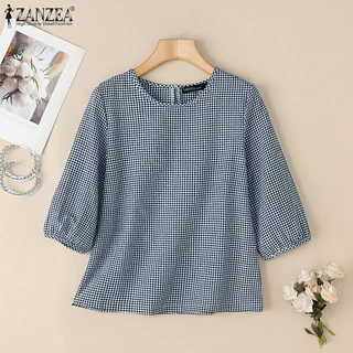 ZANZEA ซานเซีย ผู้หญิงเกาหลีวินเทจคอกลม3/4แขนโคมไฟเสื้อลายสก๊อต