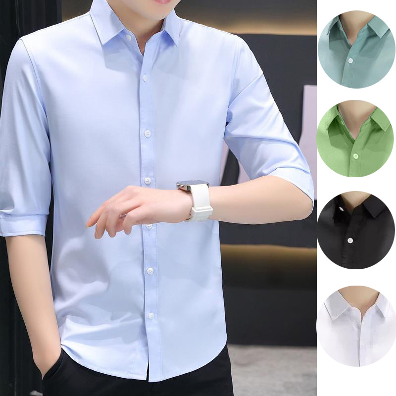 5 สีเสื้อธุรกิจผู้ชายผ้าไหมน้ําแข็งความสะดวกสบายสวมใส่อย่างเป็นทางการสีขาวสีดําสีฟ้าสีเขียวเข้มสีเขียวอ่อน