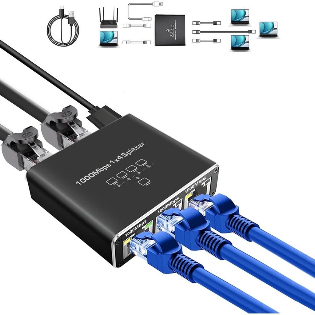 Gigabit Ethernet Splitter - ความเร็วสูง 1 ถึง 4 อุปกรณ์เครือข่ายพร้อมกัน 4 อุปกรณ์, 1000Mbps, USB Po