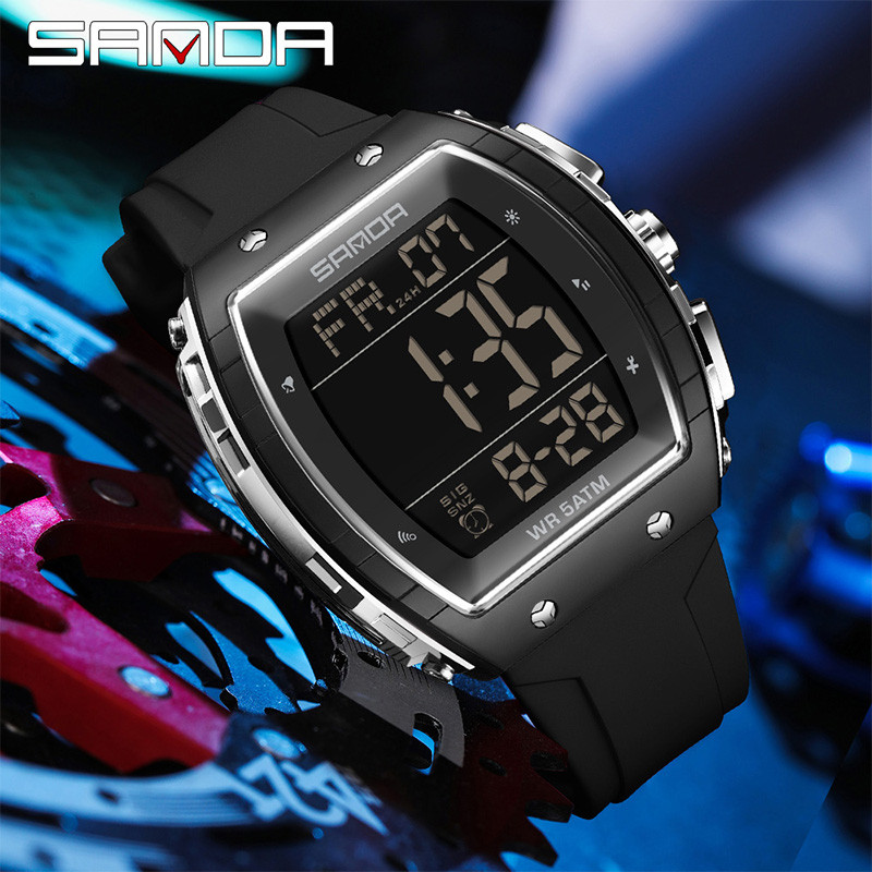 Sanda Wine Barrel นาฬิกาอิเล็กทรอนิกส์นาฬิกาปลุก Night Light กันน้ํา Multi functional นาฬิกาผู้ชาย SD6258-7