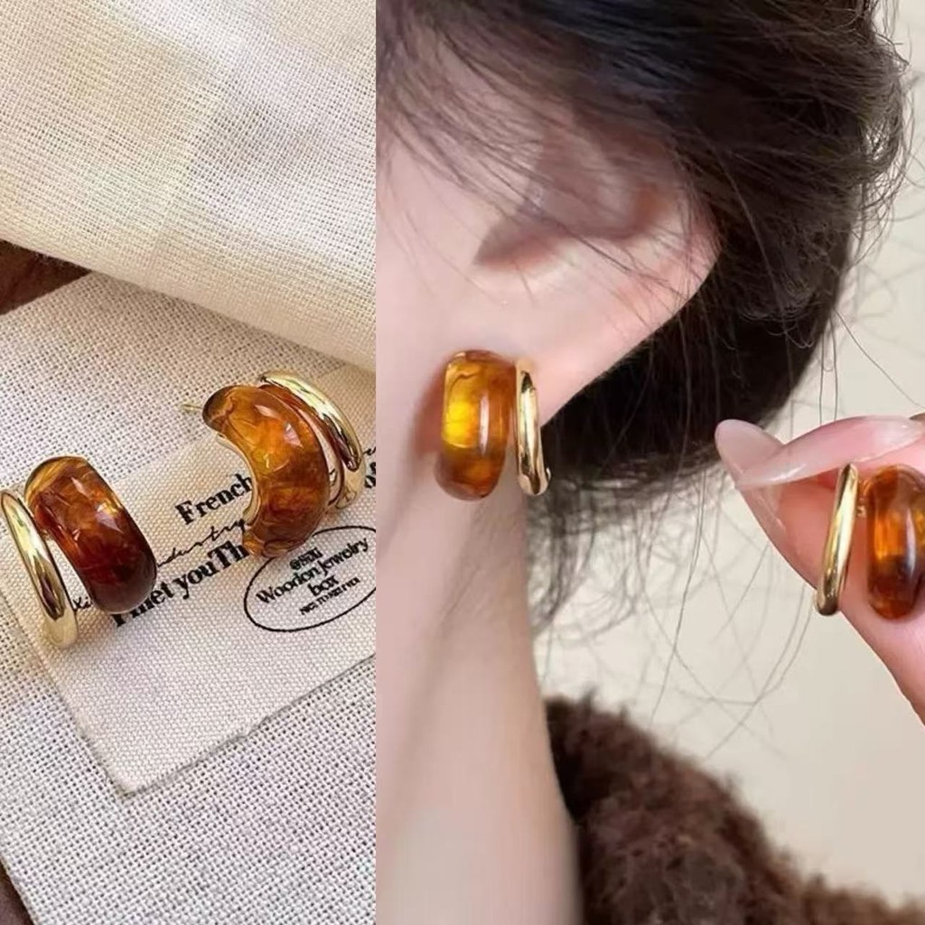 ต่างหูทองสีเหลืองอําพันย้อนยุคเกาหลี 2025 ต่างหูระดับไฮเอนด์ใหม่