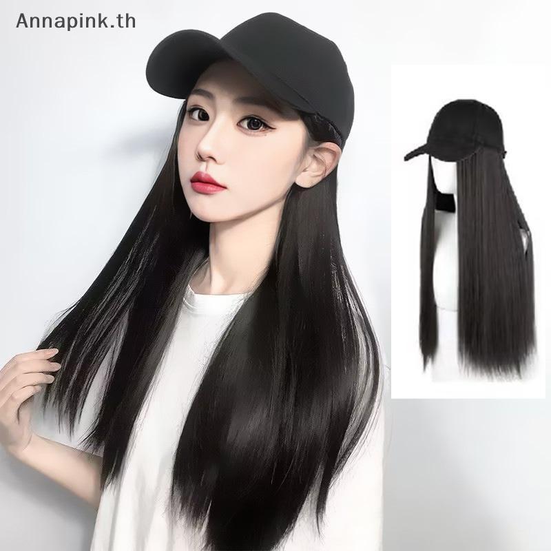 Ank แฟชั่นเบสบอลสีดําพร้อมวิกผมผู้หญิงฤดูร้อนสังเคราะห์ผมยาวตรงหมวกปรับได้วิกผม EN - รูปที่ 6