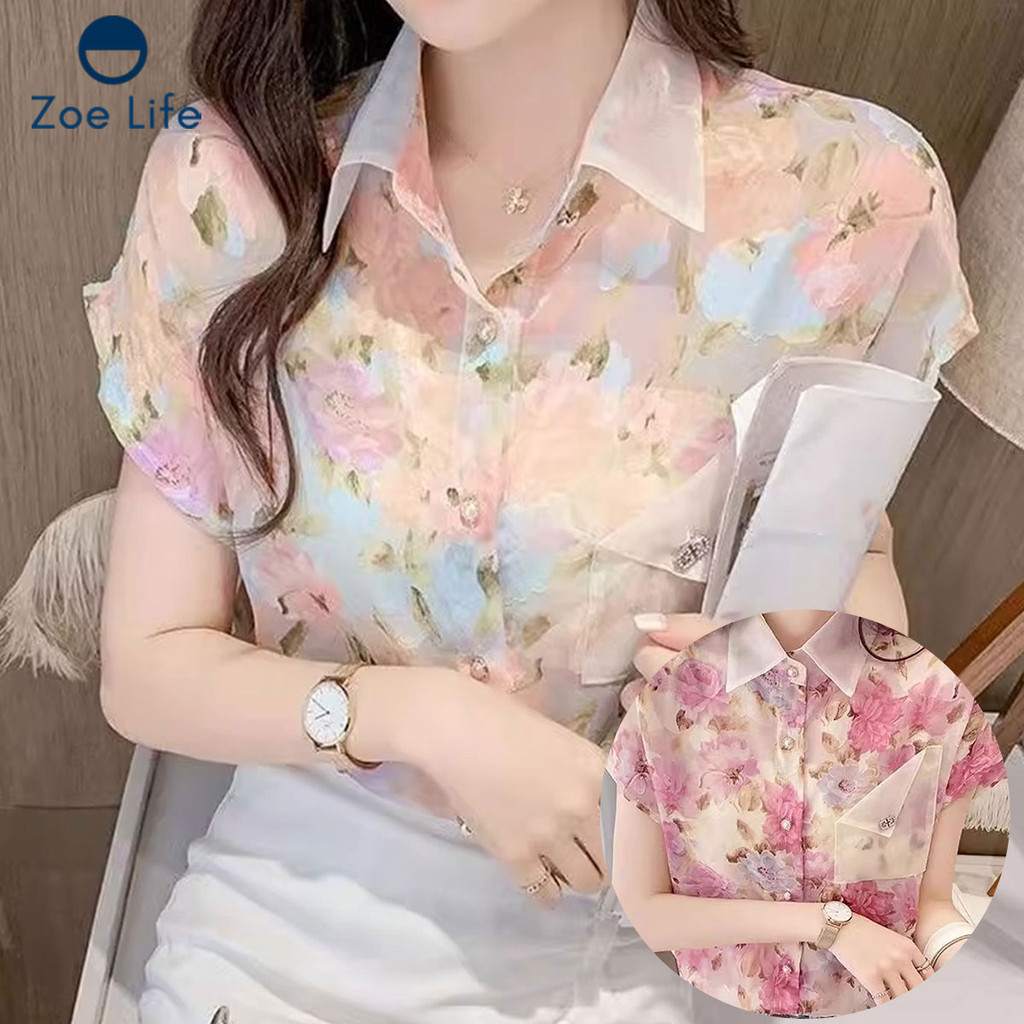เสื้อเชิ้ตแขนสั้น ลายดอกไม้ ชีฟอง สวยหวาน
