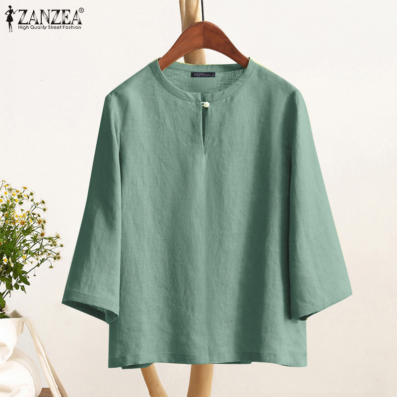 ZANZEA ซานเซีย ผู้หญิงเกาหลีวินเทจรอบคอ กรีด ออกแบบ3/4แขนเสื้อแข็ง — صورة 8