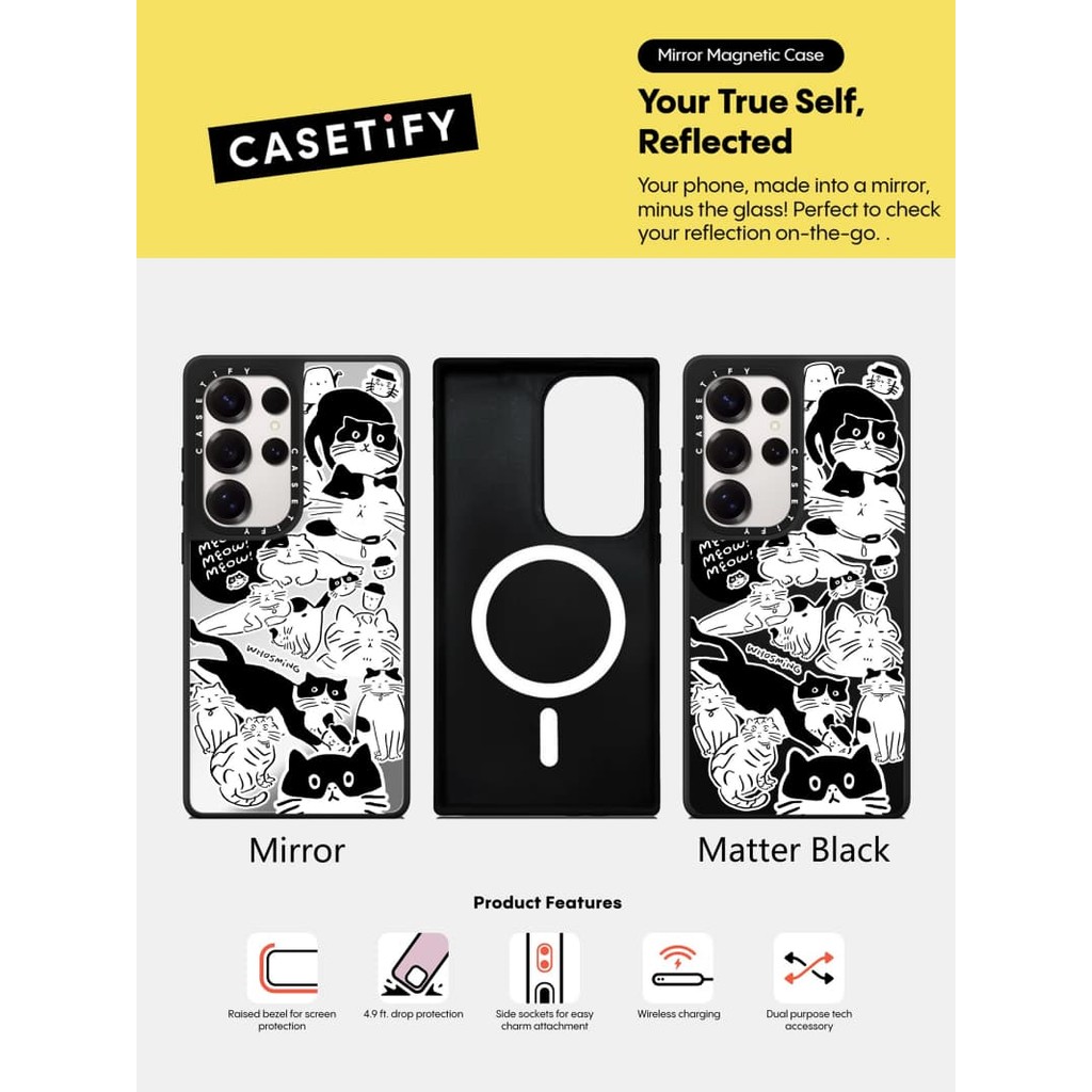 CASECASE X MEOW MEOW กรณี Matte Black & Sliver กระจกแม่เหล็กดูดกรณี Samsung Galaxy S23 S24 S25 Ultra Plus Hard กลับพร้อมกล่องแกะสลักโลโก้