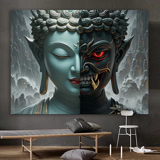 จัดส่งจากไทย) ผ้าแขวนบุคลิกภาพของ Agirl Demon และ Buddha ผ้าพื้นหลังศิลปะตกแต่งผ้าใบห้องนั่งเล่นการจัดวางข้างเตียง