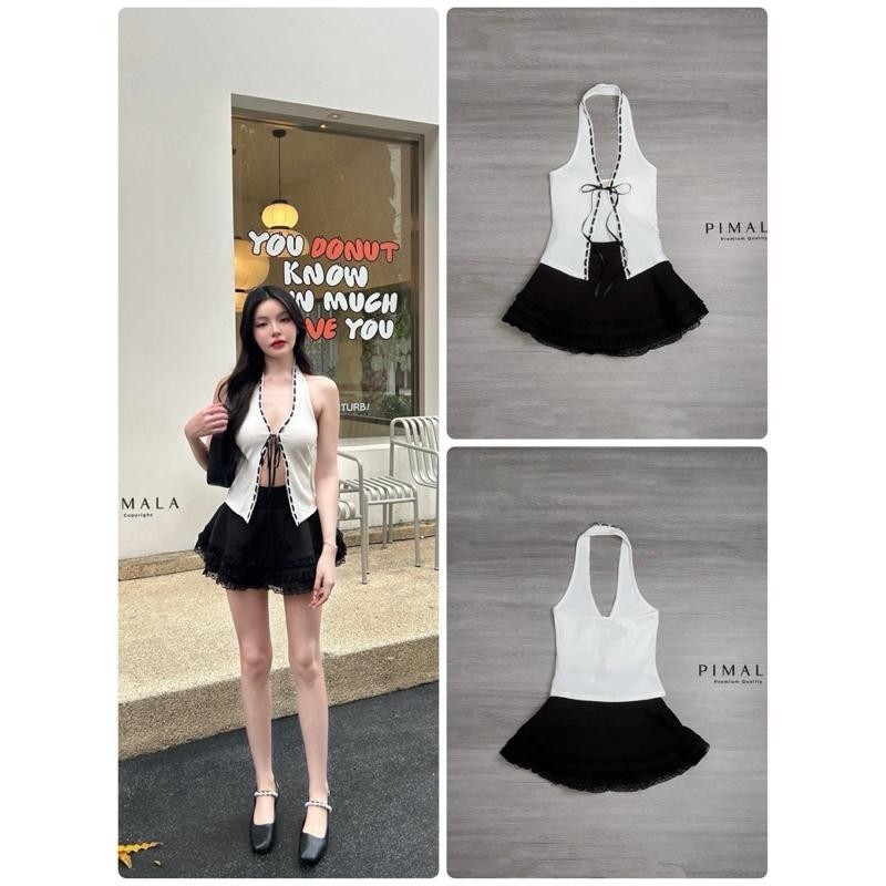 Mom.ss (พร้อมส่ง) Pimala186 ชุดเซ็ทเสื้อคล้องคอผูกด้านหน้าเข้าหากันด้วยริบบิ้นถักสีดำงานสวยมากก  สวย