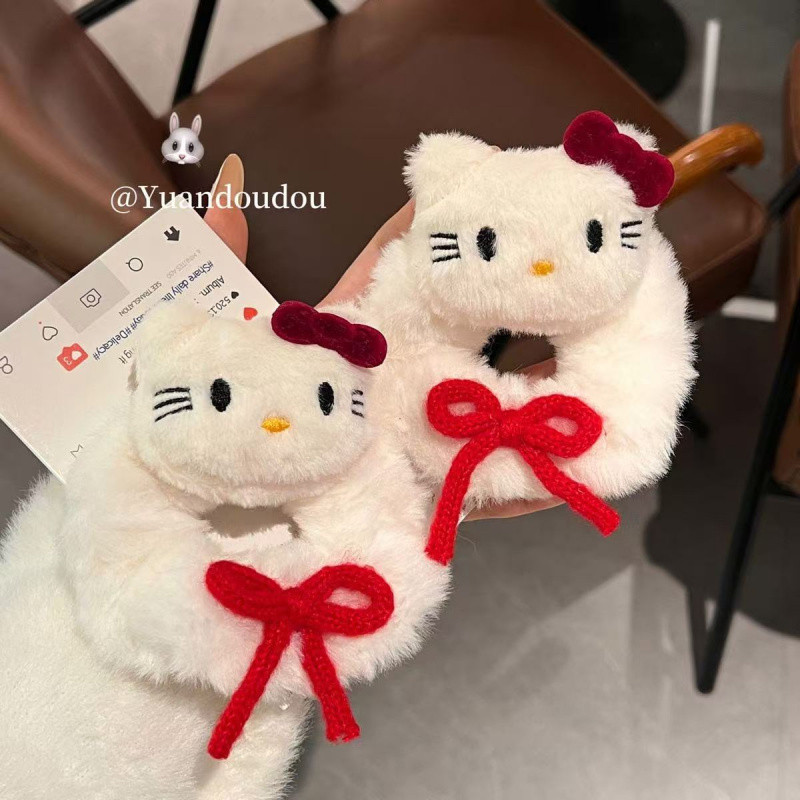 Kitty Cat Scrunchy Hair Tie สาวน่ารักผ้าโพกศีรษะโบว์สีแดงผูกผมผมหางม้าต่ํา
