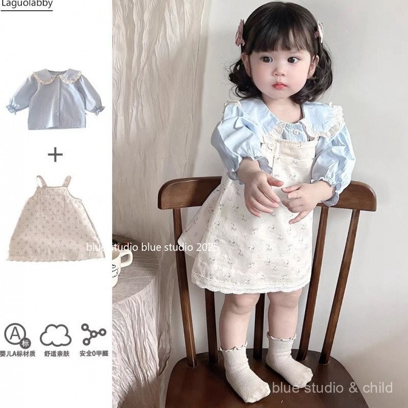 [ชุดกระโปรงแขวนลายดอกไม้] ชุดสูทสองชิ้นสำหรับเด็กผู้หญิงฤดูใบไม้ผลิ2025ใหม่สำหรับเด็กผู้หญิง