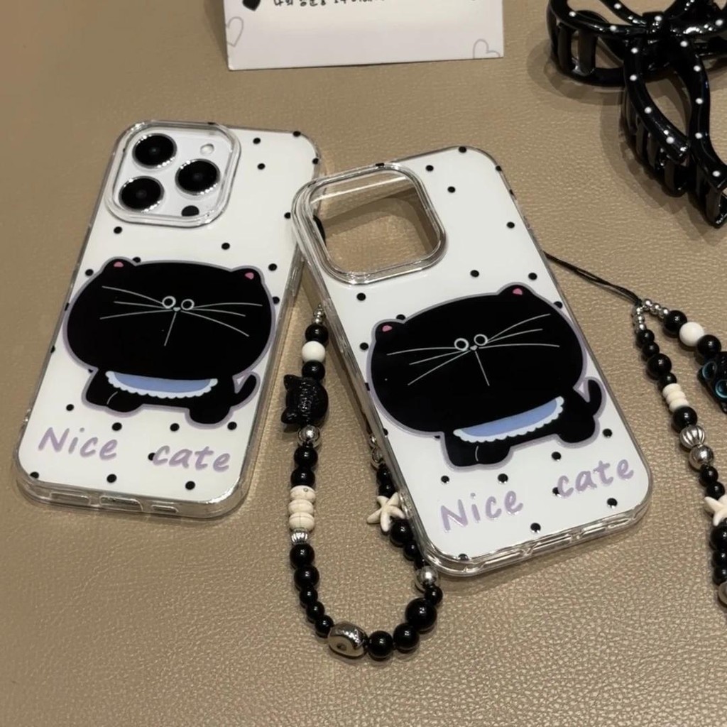 Huiwanju polka dot black cat เหมาะสําหรับ iPhone16promax เคสโทรศัพท์มือถือ ip15pro สองชั้น 14/13 เคส