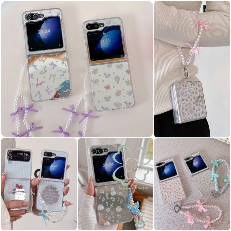 Slim Mirror Flip Case Samsung Galaxy Z Flip 7 Z Flip 6 Z Flip 5 Z Flip 4 Casing Bracelet สายรัดข้อมือกันกระแทก Hard PC ฝาหลัง