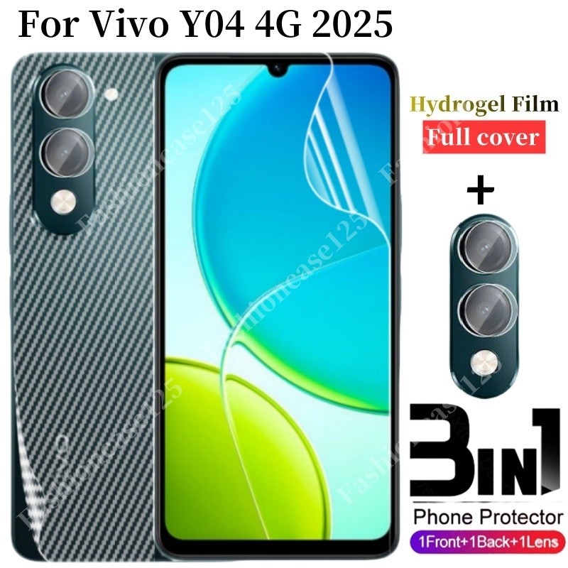 3in1 Vivo Y04 4G 2025 ฟิล์มไฮโดรเจลด้านหน้าคาร์บอน Fibre กลับคลุมทั้งหมดกล้องด้านหลังป้องกันฟิล์มสํา