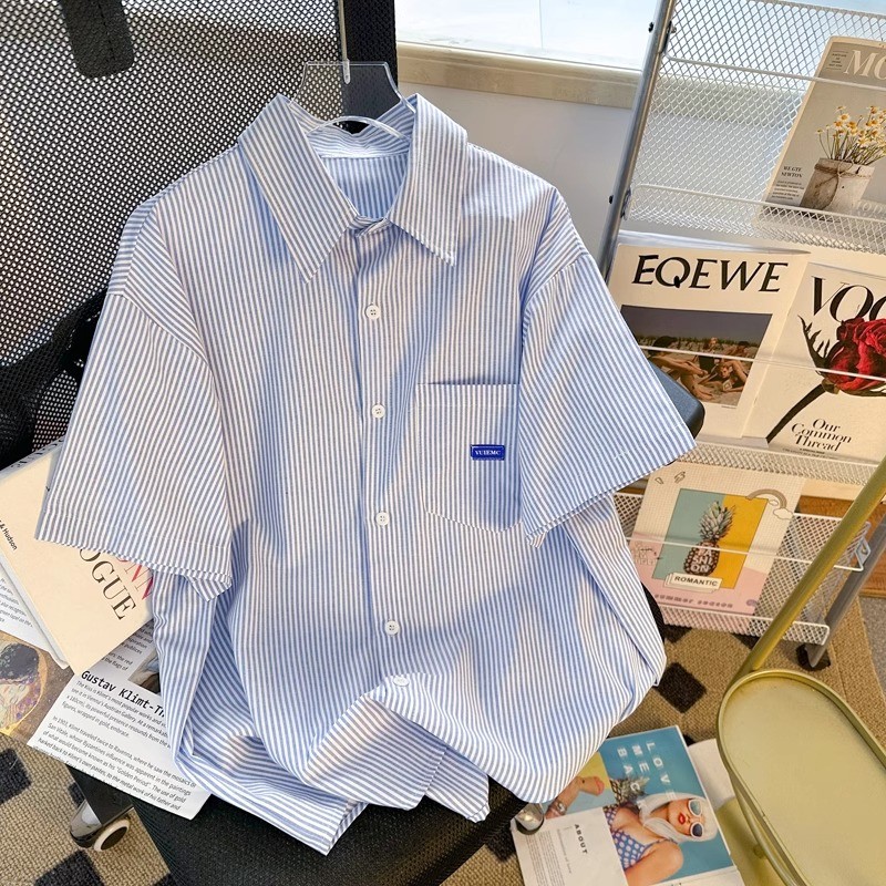 เสื้อเชิ้ตแขนสั้นลายทางญี่ปุ่นชายฤดูร้อน