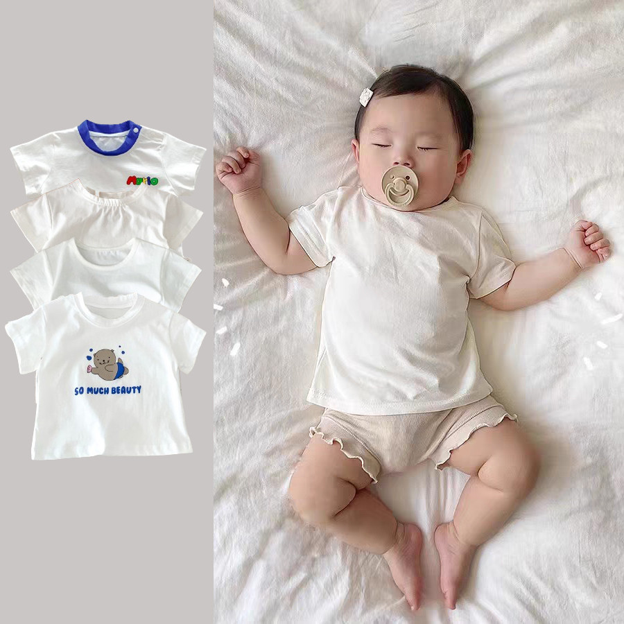 เสื้อยืดแขนสั้น ผ้าฝ้าย สีขาว แฟชั่นฤดูร้อน สําหรับเด็กผู้ชาย และเด็กผู้หญิง อายุ 0-5 ปี