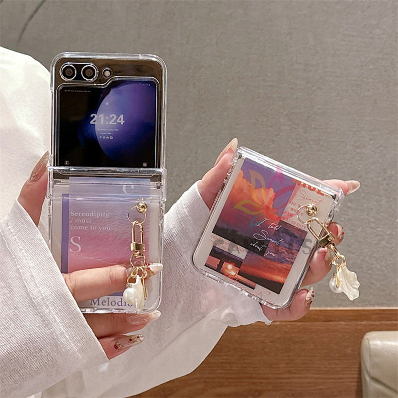 ภาพวาดสีน้ํามัน Sunset Beach เคสโทรศัพท์ใส Samsung Galaxy Z Flip 5 Z Flip 6 Z Flip 4 3 5G Pearl Shel
