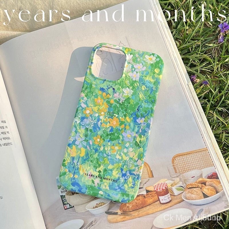 เคสโทรศัพท์มือถือแบบแข็ง กันกระแทก ลายภาพวาดสีน้ํามัน รูปดอกไม้ สีเขียว สําหรับ iPhone 7 8 plus x xs XR xsmax 11 12 13 14 15 Pro Max mini