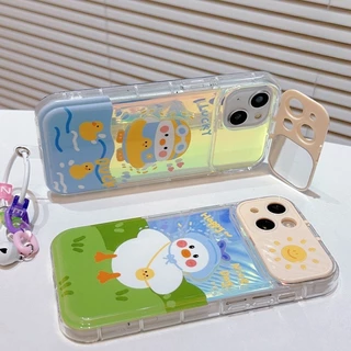 สำหรับ iPhone 11 15 14 13 12 Pro MAX 7 8 14 Plus XS MAX เคส แฮปปี้เติมน้ำมันเป็ดพลิกกรณีโทรศัพท์กระจก ป้องกันการตก