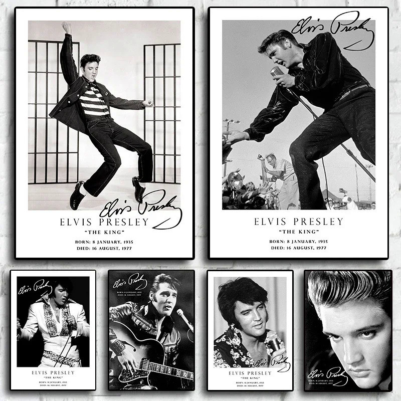 โปสเตอร์ผ้าใบ ลาย Rock Elvis Presley ดนตรีเต้นรํา คลาสสิก สีดํา และสีขาว สําหรับตกแต่งผนังบ้าน CGDF