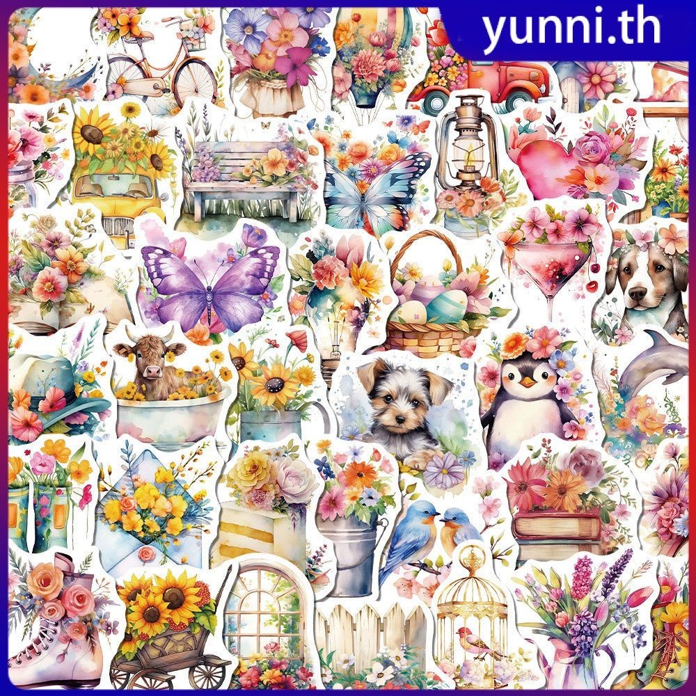 50pcs การ์ตูนดอกไม้สติกเกอร์แมวน่ารักกันน้ำ Graffiti สำหรับกระเป๋าเดินทางแล็ปท็อปโน้ตบุ๊คเด็กของขวัญบันทึก Yunni