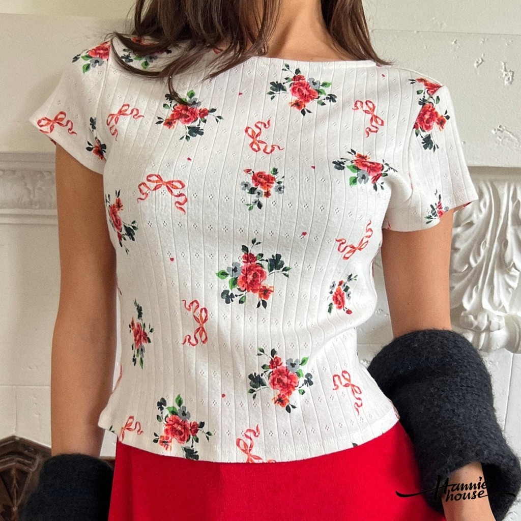 Hannie House- เสื ้ อครอปพิมพ ์ ลายดอกไม ้ สําหรับผู ้ หญิง